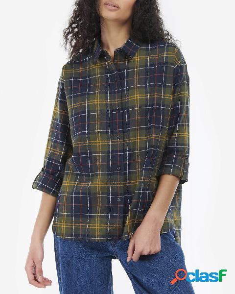 Camicia over in cotone a fantasia check verde e blu con