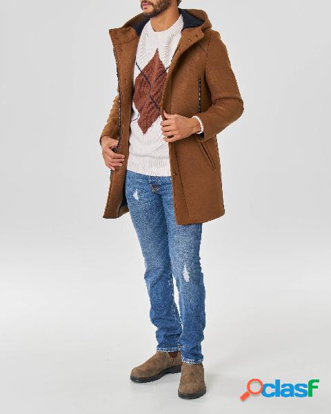 Cappotto color cammello in panno di lana cotta con cappuccio