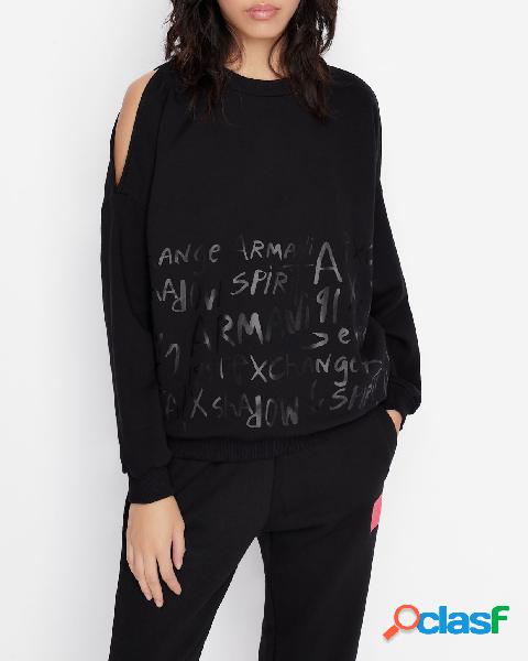 Felpa nera girocollo in cotone con scritte logo all over