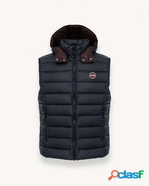 Gilet blu navy in nylon opaco imbottito in piuma con