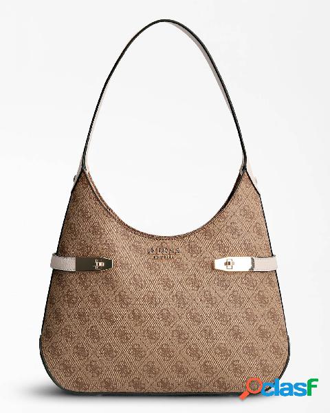 Hobo bag beige in simipelle effetto bottolato con logo e