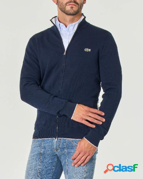 Maglia blu con chiusura zip in cotone stretch punto pepe