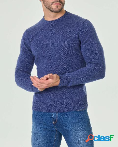 Maglione girocollo blu indaco in lana e cachemire finezza 7