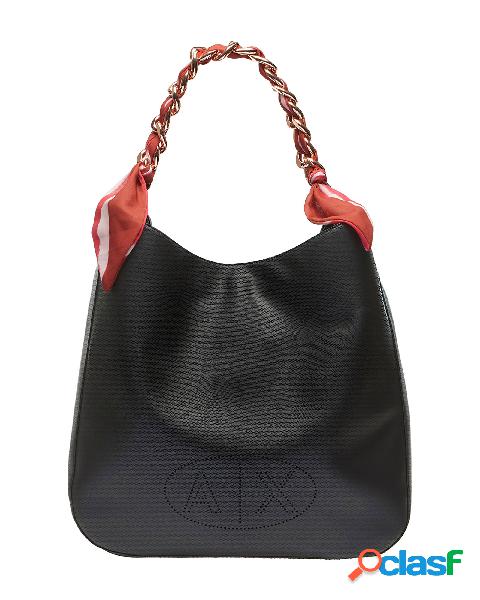 Maxi hobo bag nera in simil pelle effetto martellato con