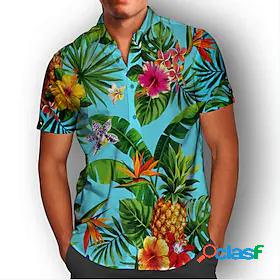 Mens Shirt Collar Turndown Pineapple Plants Blue Short