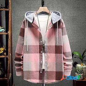 Mens Shirt Jacket Hoodie Stripes and Plaid Blue Pink Print