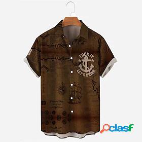 Mens Shirt Turndown Map Coffee Print Short Sleeve