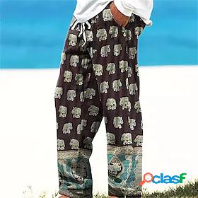 Mens Straight Trousers Pants Elephant Graphic Prints Pocket