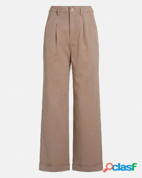 Pantaloni flare in lyocell e cotone e color sabbia con