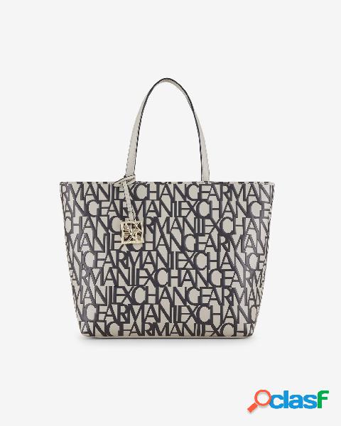 Shopping bag beige in similpelle effetto opaco con scritte