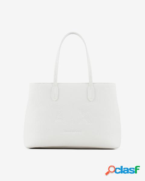 Shopping bag bianca a base rigida con scritta logo a borchie
