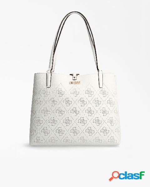 Shopping bag bianca in similpelle effetto bottolato con logo