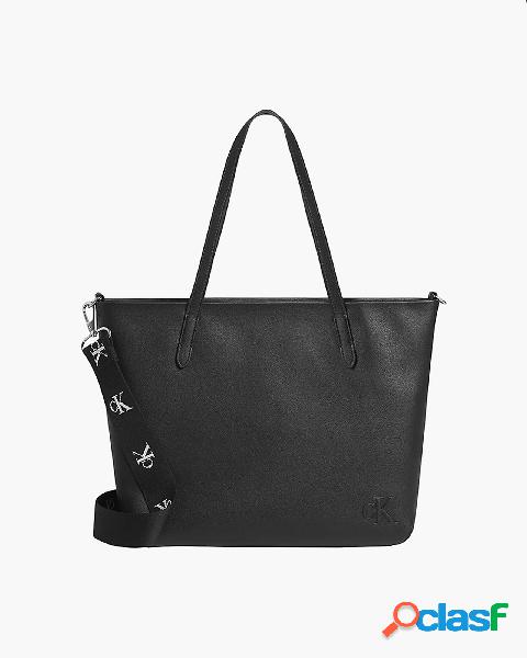 Shopping bag nera in ecopelle con monogramma stampato sul