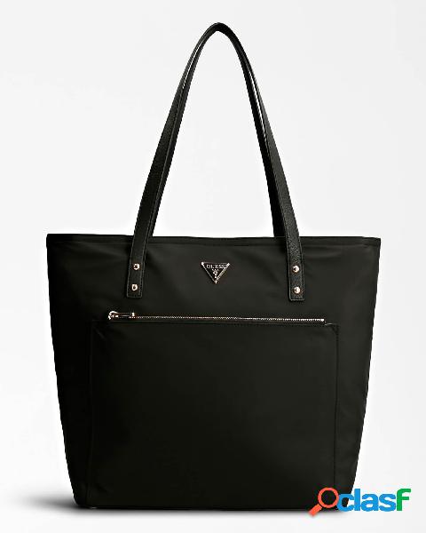 Shopping bag nera in nylon con tasca a parete e placca logo