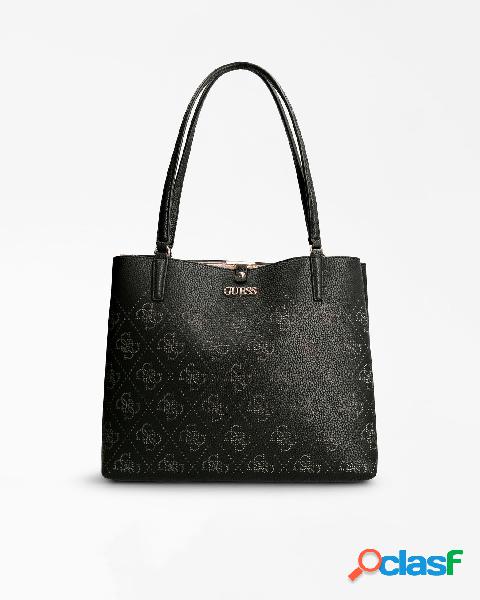 Shopping bag nera in similpelle effetto bottolato con logo