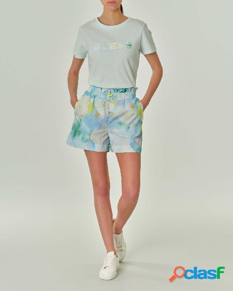 Shorts in nylon azzurri a macchie gialle con elastico