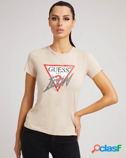 T-shirt beige in cotone con maniche corte e logo triangolo