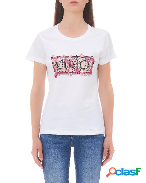 T-shirt bianca in cotone con stampa fiori rosa con scritta
