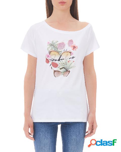 T-shirt bianca in cotone con stampa occhiali multicolore con