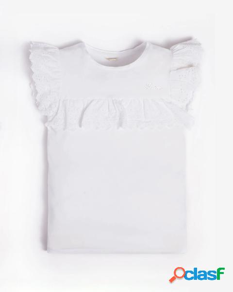 T-shirt bianca in cotone stretch con maniche corte e volant