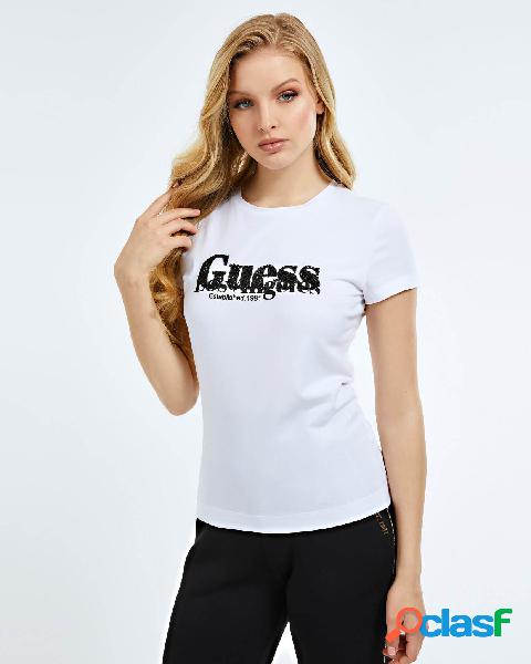 T-shirt bianca in cotone stretch con scritta nera in glitter