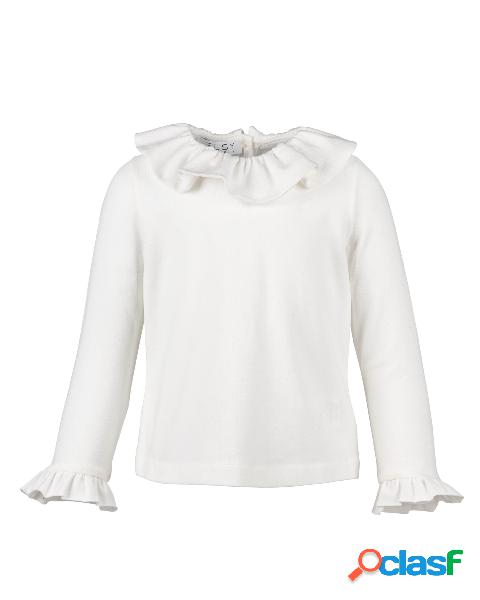 T-shirt bianca manica lunga con maxi volants sul colletto