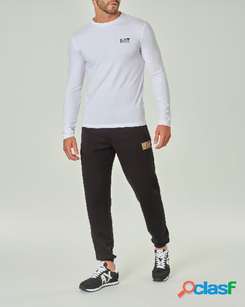 T-shirt bianca manica lunga in cotone stretch con logo nero