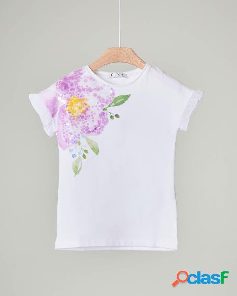 T-shirt bianca mezza manica con stampa fiore e pailletes