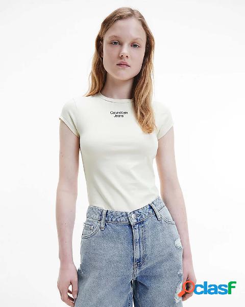 T-shirt color panna slim in cotone stretch con scritta logo