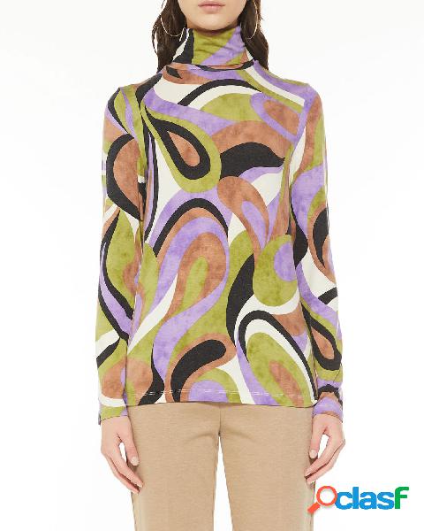 T-shirt con collo a lupetto e maniche lunghe multicolore in