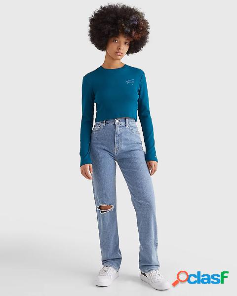 T-shirt cropped color ottanio a maniche lunghe in cotone