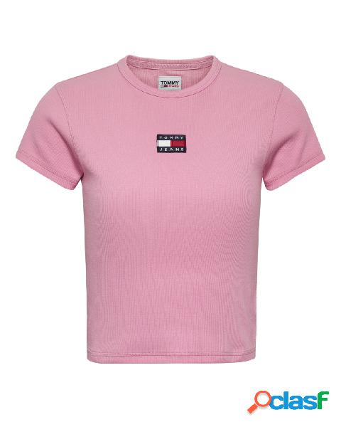 T-shirt cropped rosa in cotone stretch a costine con patch