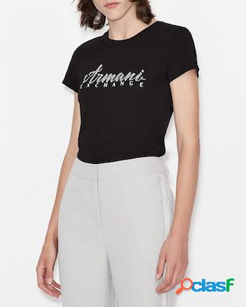 T-shirt nera in cotone a maniche corte con scritta logo