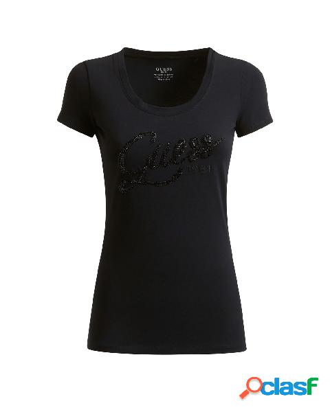 T-shirt nera in cotone stretch con scritta logo in corsivo