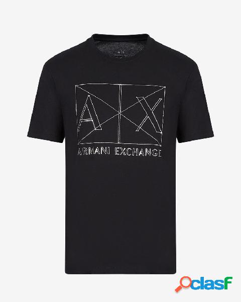 T-shirt nera in pima cotton con maxi stampa box logo argento