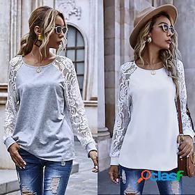 Womens Blouse Patchwork Hole Lace Lace Round Neck Spring