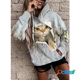Women's Cat 3D Animal Hoodie Sweatshirt 3D Front Pocket