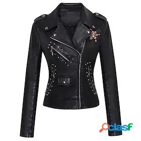 Women's Faux Leather Jacket Embroidered Full Zip Pocket