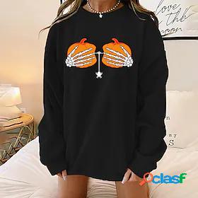 Womens Sweatshirt Pullover Skull Pumpkin Crew Neck Halloween