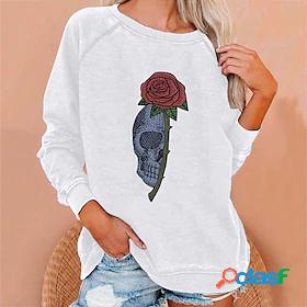 Womens Sweatshirt Skull Rose Skeleton Crew Neck Halloween