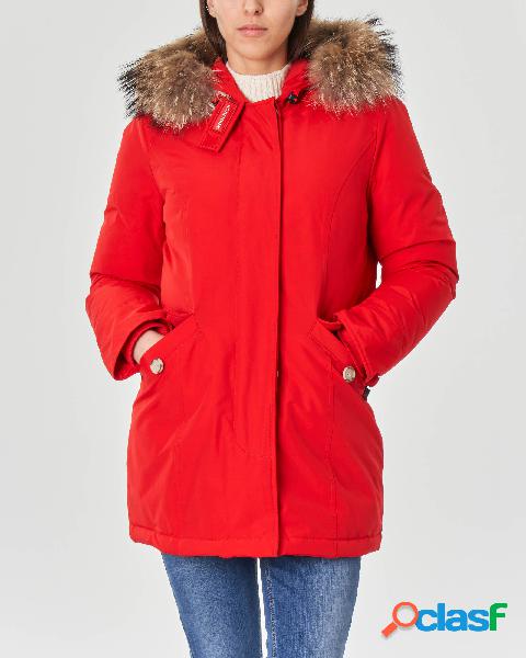 Arctic Parka rosso con cappuccio con bordatura in pelliccia