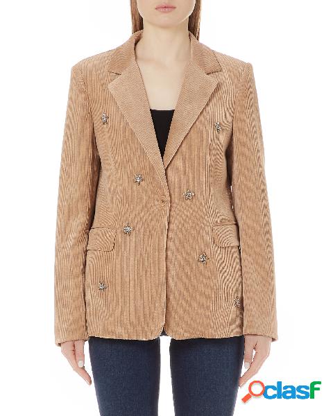 Blazer lungo beige in velluto millerighe con applicazioni in