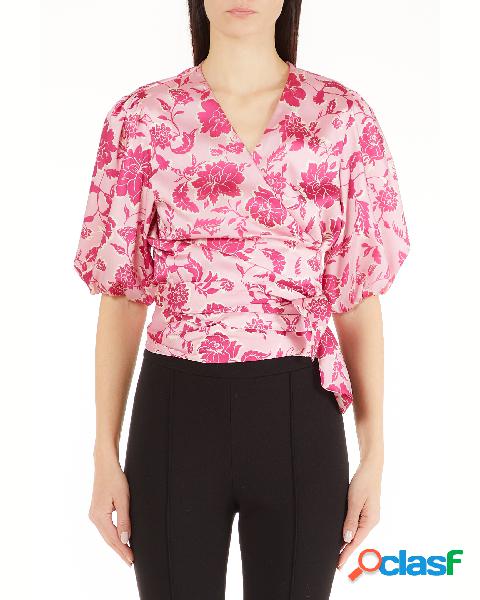 Blusa rosa a fantasia floreale fucsia con scollo a V