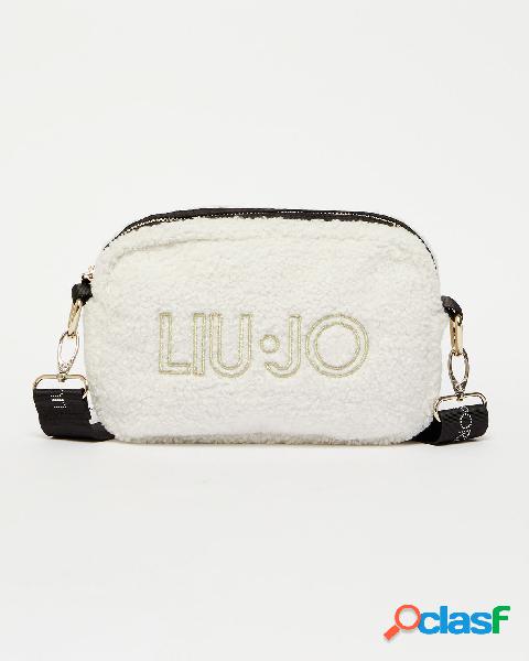 Borsa avorio in tessuto teddy con maxi logo frontale