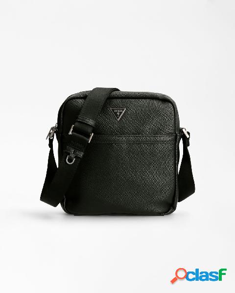 Borsa reporter nera in similpelle saffiano con tracolla