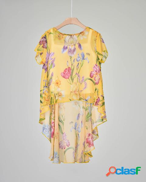 Camicia gialla asimmetrica in crêpe di cotone con stampa