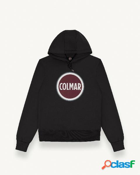 Felpa nera con cappuccio e stampa logo bollo frontale