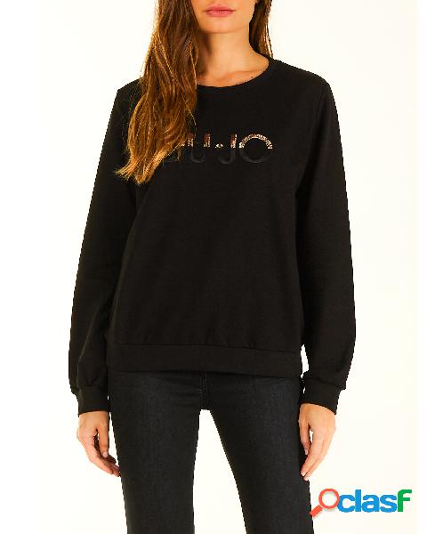 Felpa nera in cotone stretch con scritta logo ricamate e