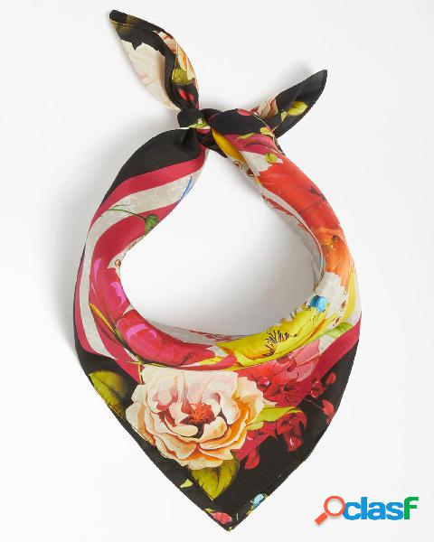 Foulard in seta beige monogrammato con riquadri neri e rossi