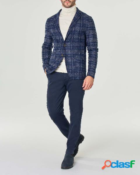 Giacca maglia check blu indaco e grigio in misto lana